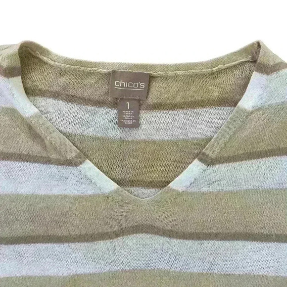 Chicos Lightweight Pullover V neck Sweater Size M Tan White Stripes Hip Ties - Picture 6 of 11